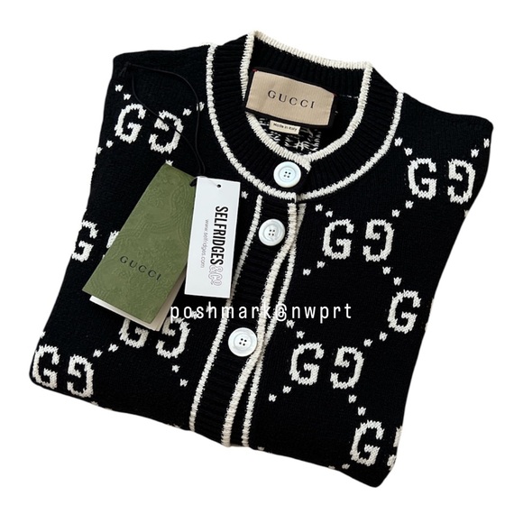 GUCCI 🙌 GG Supreme Logo Cardigan Sweater Black Ivory White Cotton XS - Picture 5 of 16